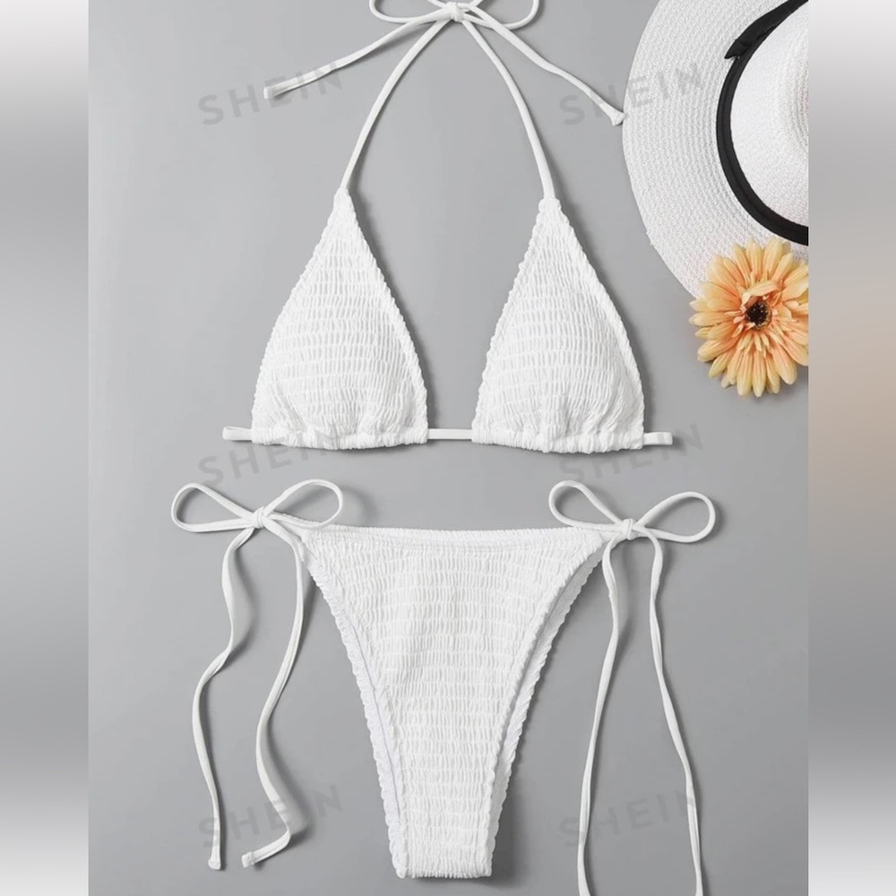NEW Shein - Mono Bikini Set Smocked Micro Triangle Bra & Tie Side, Medium